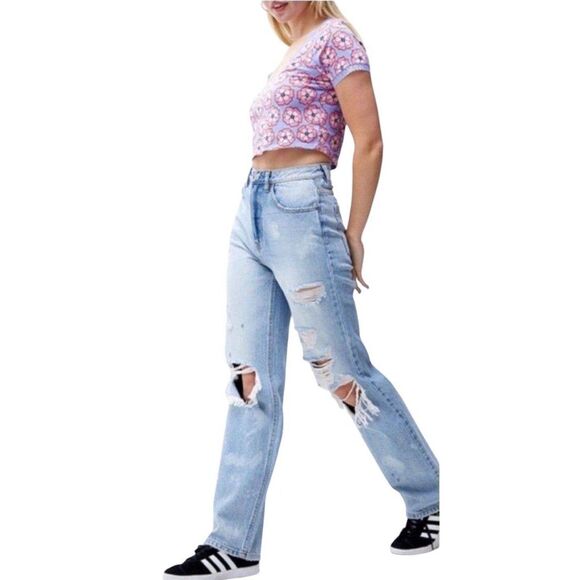 Pacsun 90's Boyfriend Rip Torn Very Distressed Denim High Rise Blue Jeans - Picture 4 of 12